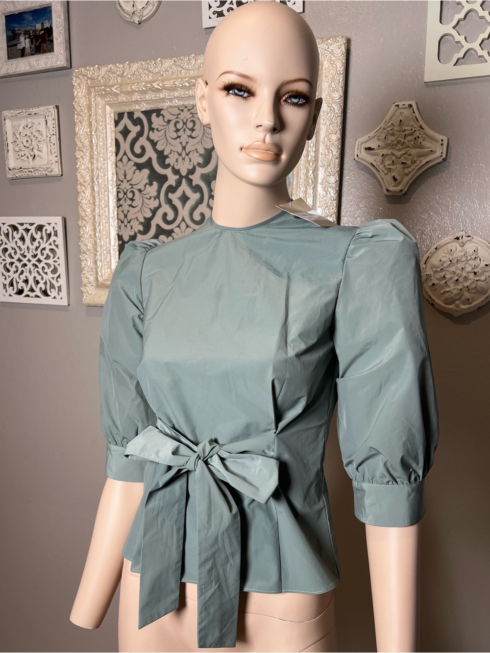 Sage Green Puff Sleeve Tie-Waist Blouse